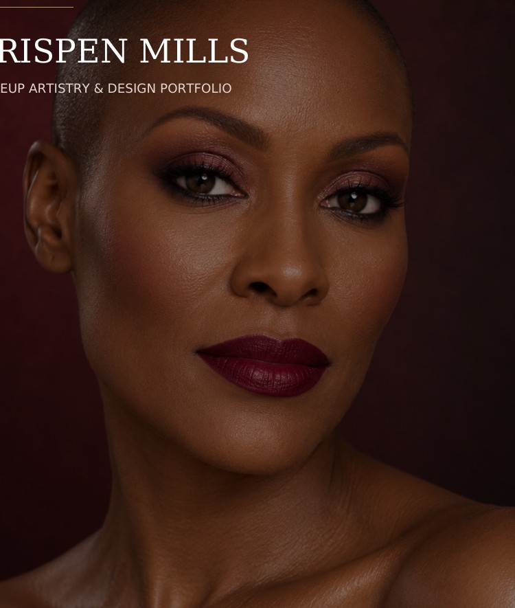 Crispen Mills makeup artistry portfolio cover featuring a deep burgundy beauty look